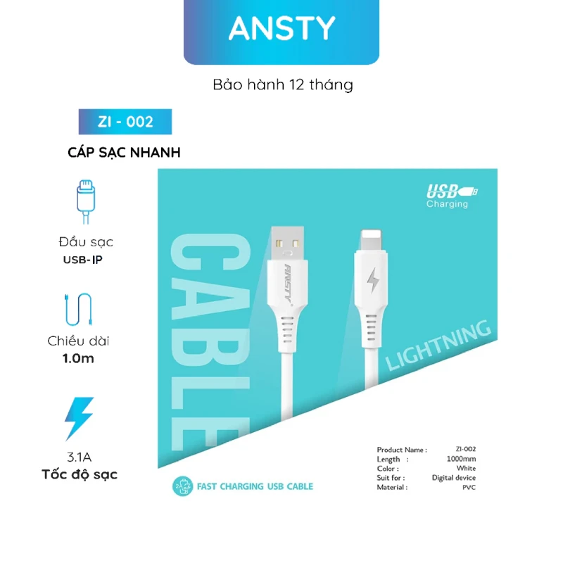 Cáp sạc nhanh USB to Lightning Ansty ZI-002 White