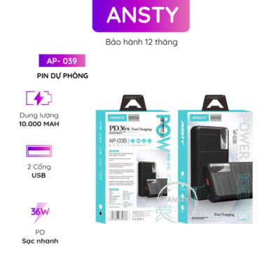 Pin sạc DP Ansty 10.000mAh USB/USB-C/Micro sạc nhanh Ap-039