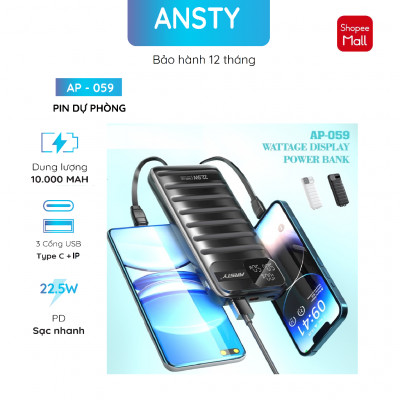 Pin sạc DP Ansty 10.000mAh cáp ip/type C sạc nhanh Ap-059